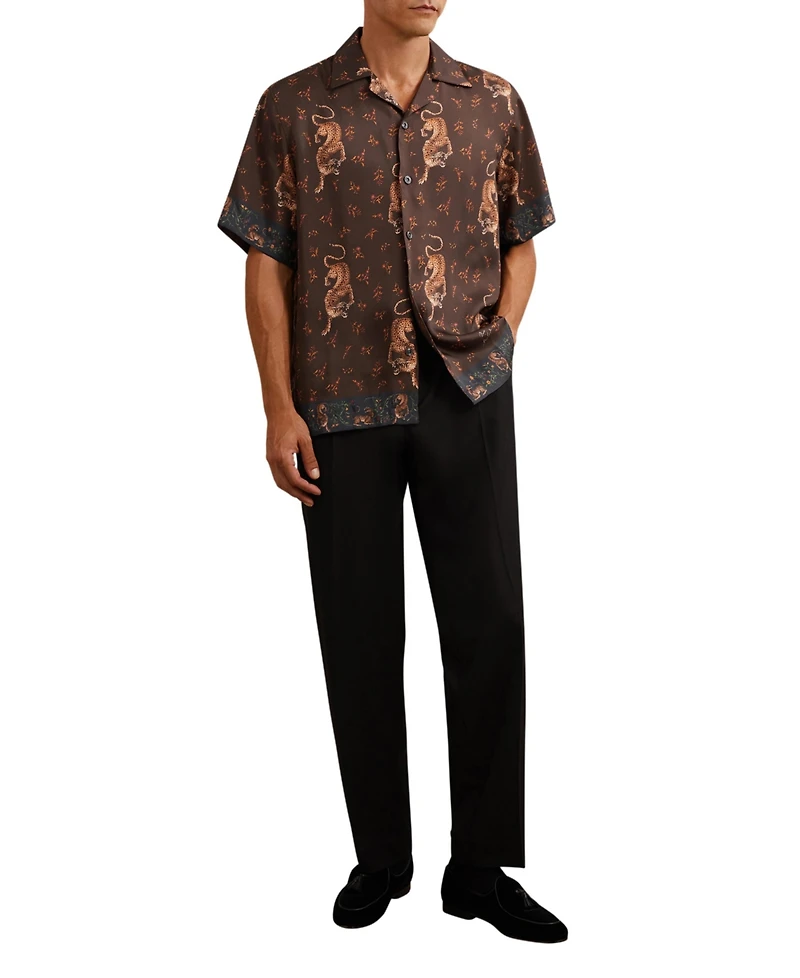 Reiss Men's Leopard-Print Cuban-Collar Shirt