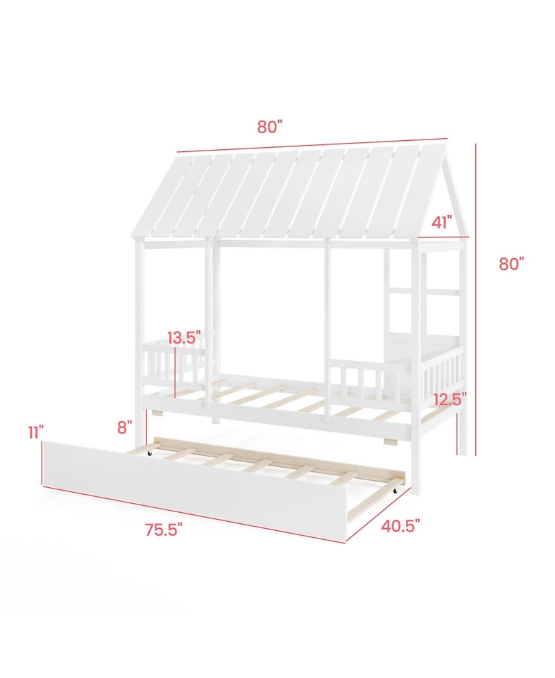 Gouun House Bed with Trundle Kids Platform Bed with Roof Window