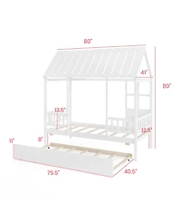 Gouun House Bed with Trundle Kids Platform Bed with Roof Window