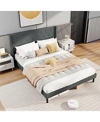 Gouun Upholstered Bed Frame with Button Tufted Wingback Headboard and Wooden Slats Support Mattress Foundation