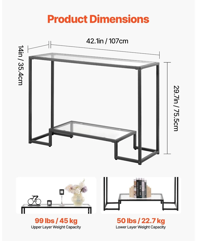 Gouun 2 Tier Glass Console Table with Metal Frame for Entryway