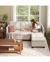 Gouun 3-Seater Modular Sectional Sofa with Ottoman, Hidden Storage, and Cotton-Linen Upholstery