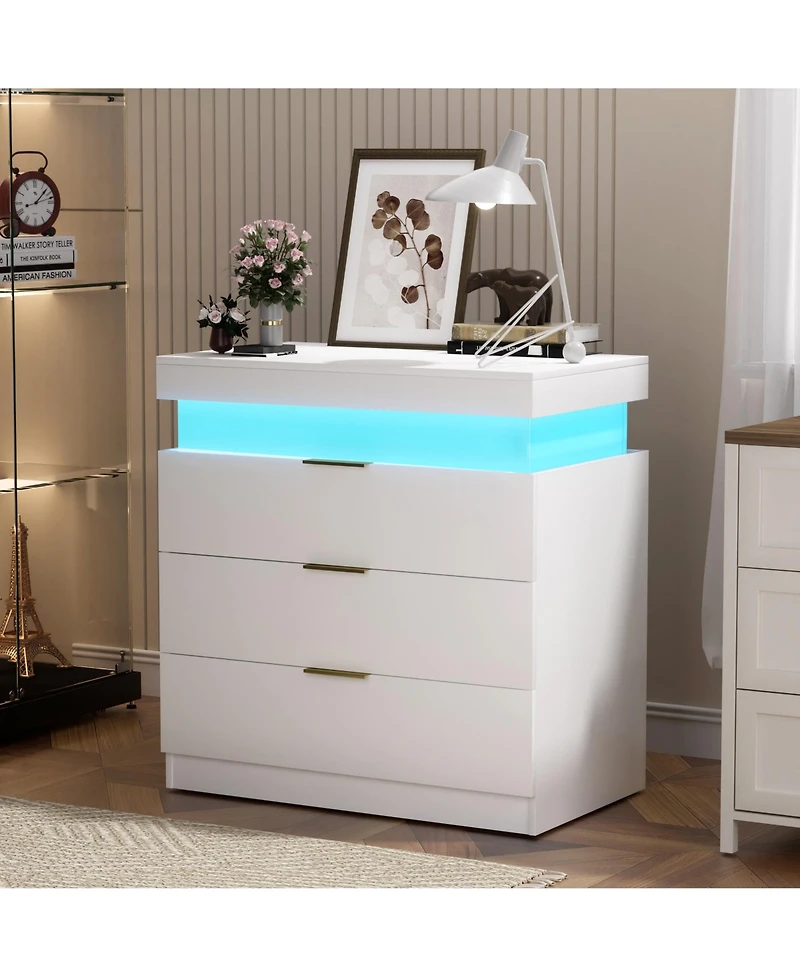 Flynama Modern Nightstand with Storage Space and Led Light Glass Top Jewelry Storage Bedside Table