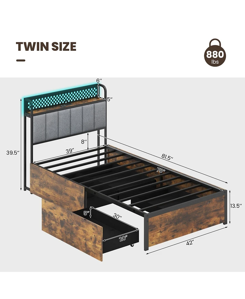 Gouun Twin size Bed Frame with Led Lights Upholstered Headboard and 4 Storage Drawers