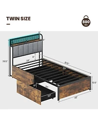 Gouun Twin size Bed Frame with Led Lights Upholstered Headboard and 4 Storage Drawers