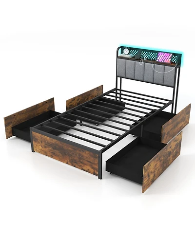 Gouun Twin size Bed Frame with Led Lights Upholstered Headboard and 4 Storage Drawers