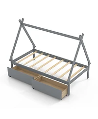 Gouun Twin Size Wooden Tent Platform House Bed with 2 Drawers