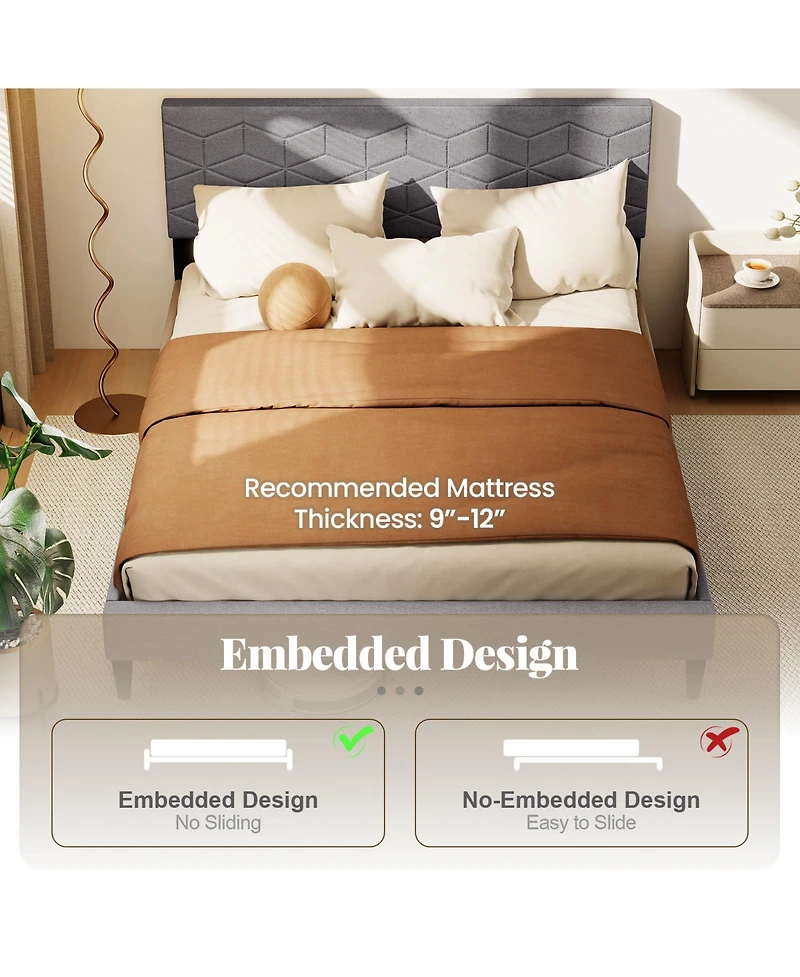 Gouun Queen Size Bed Frame Modern Platform Bed with Linen Fabric Upholstered Headboard