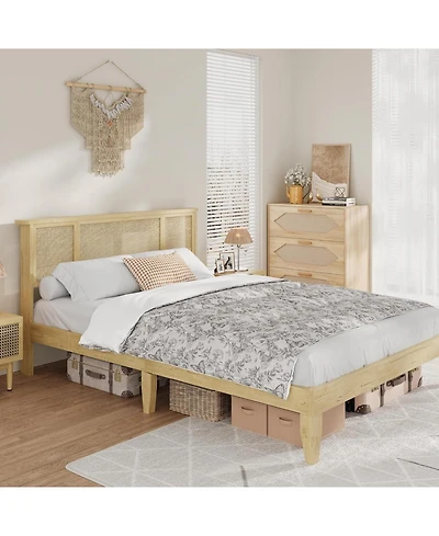 gaomon Bed Frame Natural Rattan Headboard Metal Base Wooden Slats No Box Spring Boho-Style Cane Support