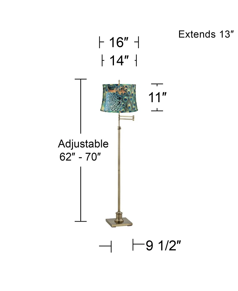 360 Lighting Swing Arm Floor Lamp Adjustable Height 70" Tall Antique Brass Peacock Print Drum Shade Living Room Reading Bedroom