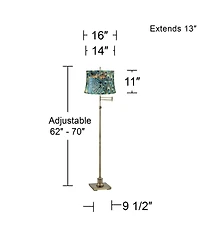 360 Lighting Swing Arm Floor Lamp Adjustable Height 70" Tall Antique Brass Peacock Print Drum Shade Living Room Reading Bedroom