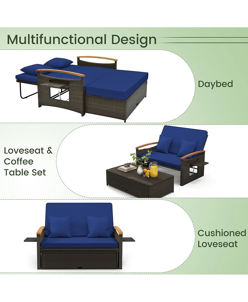 Gymax Outdoor Wicker Daybed Patio Loveseat and Storage Ottoman Set w/ Navy Cushions