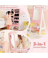 Gymax Kids Vanity Set Princess Makeup Dressing Table and Chair Set w/ Jewelry Armoire