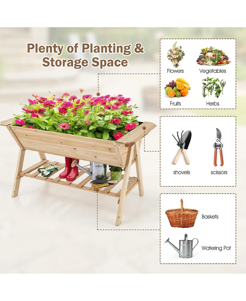 Gymax 59'' x 31'' x 32.5'' Raised Garden Bed w/ Shelf Wood Elevated Planter Box w/ Liner
