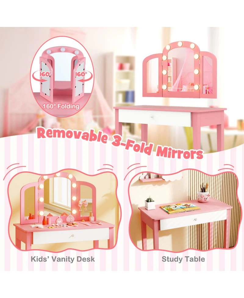 Gouun 2-in-1 Kids Vanity Table Set with Tri-Folding Detachable Mirror and Led Lights