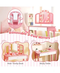 Gouun 2-in-1 Kids Vanity Table Set with Tri-Folding Detachable Mirror and Led Lights