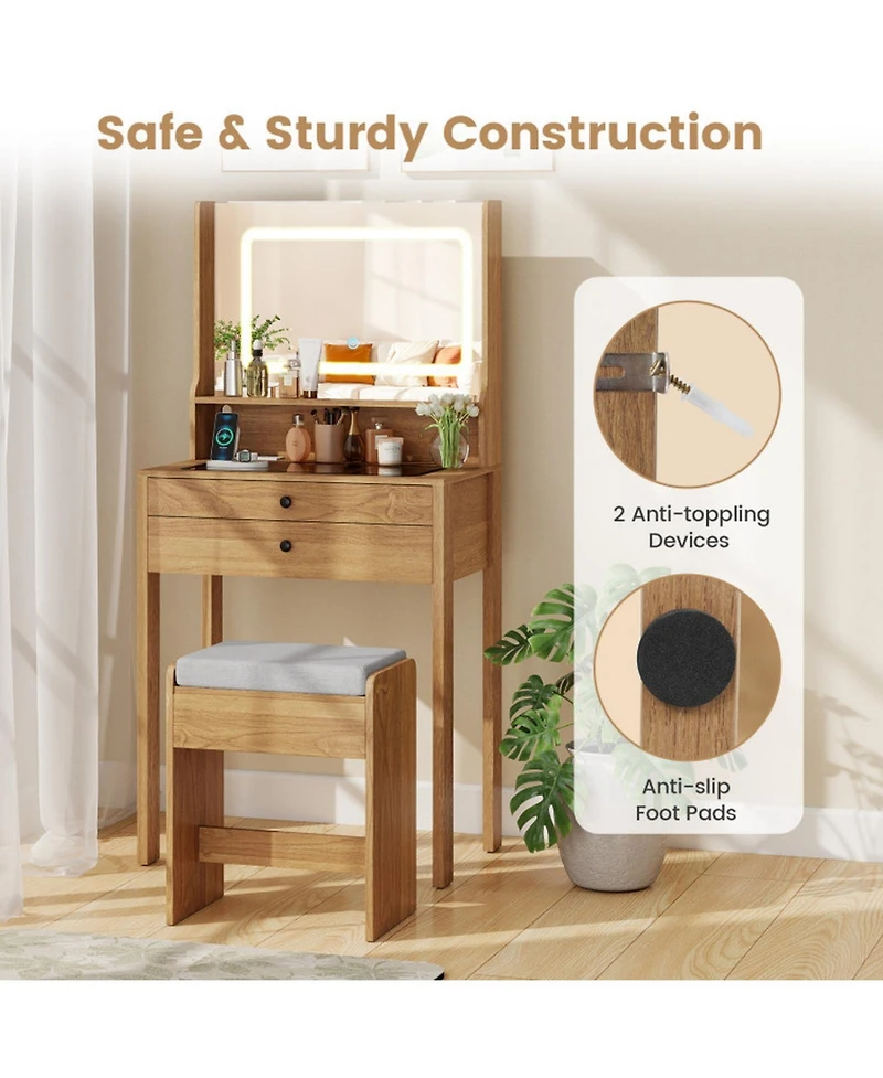 Gouun Small Vanity Desk with Led Mirror and Cushioned Stool for Small Spaces
