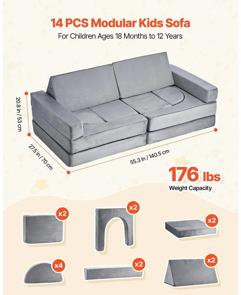 Gouun 14-Piece Modular Kids Play Couch with Armrests, Convertible Sectional Toddler Sofa