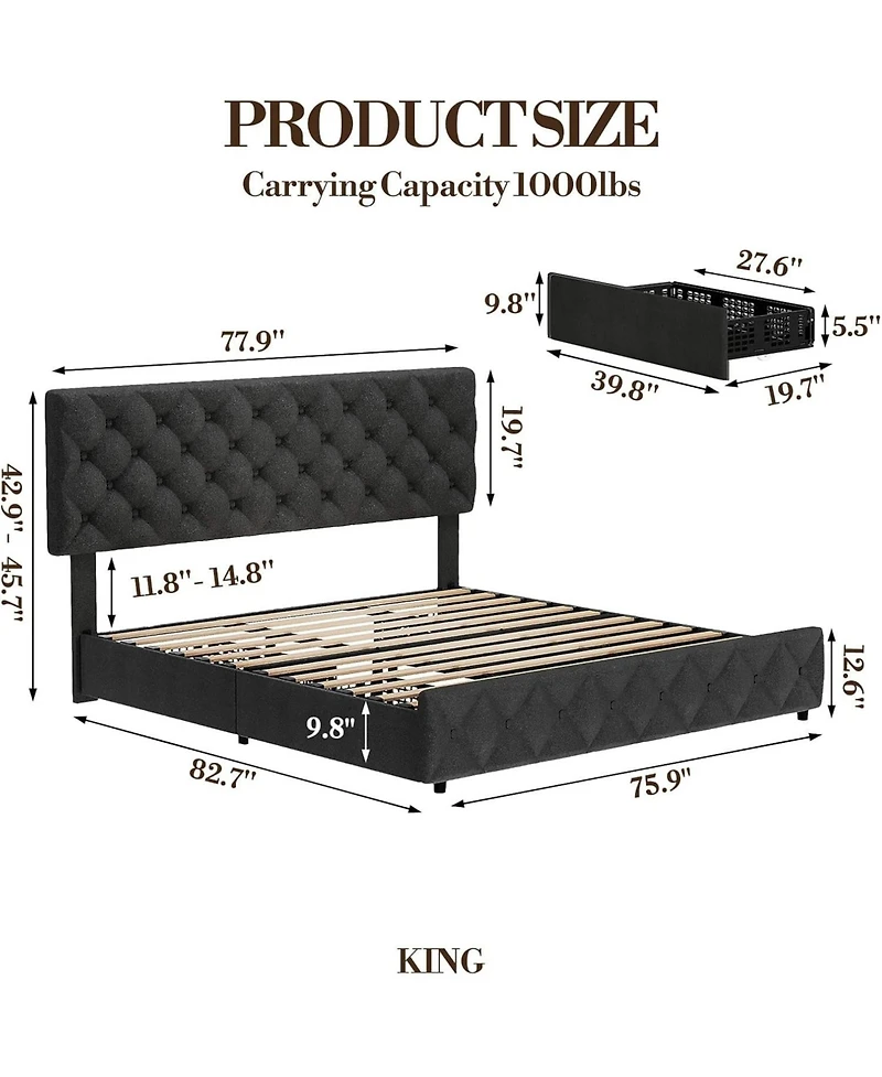 gaomon King Upholstered Platform Bed Frame- 4 Storage Drawers Adjustable Headboard No Box Spring Needed