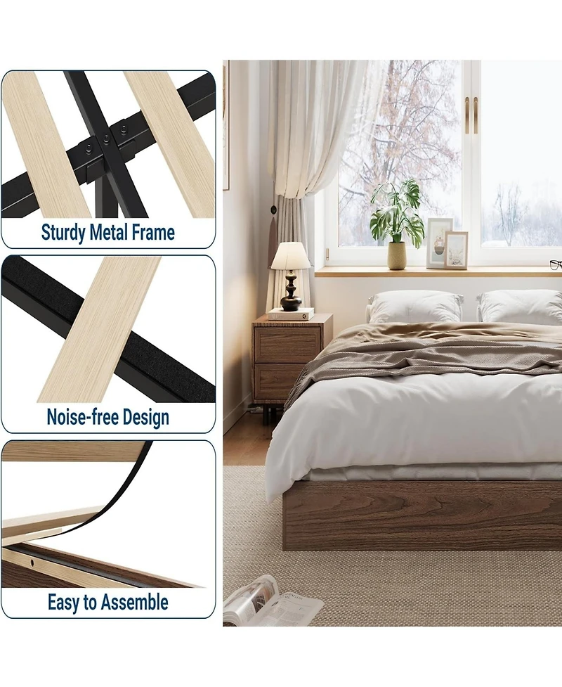 gaomon Wood Platform Bed Frame Sturdy Wooden Bed Slat Support No Box Spring Minimalist Floor-Standing Easy Assembly Walnut