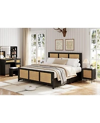 gaomon Full Rattan Storage Bed- Led Lights 4 Drawers Woven Front Mdf Wood Frame