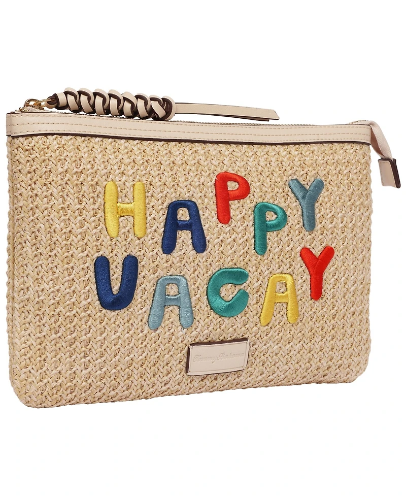 Tommy Bahama Happy Vacay Raffia Clutch – Woven Straw Zip Pouch with Embroidered Lettering
