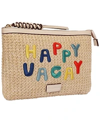 Tommy Bahama Happy Vacay Raffia Clutch – Woven Straw Zip Pouch with Embroidered Lettering