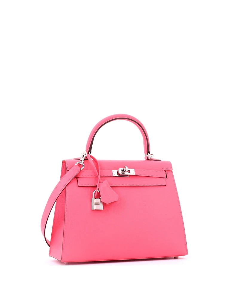 Pre-Owned HERMES Kelly 25 Handbag Pink Chevre Mysore with Palladium Hardware
