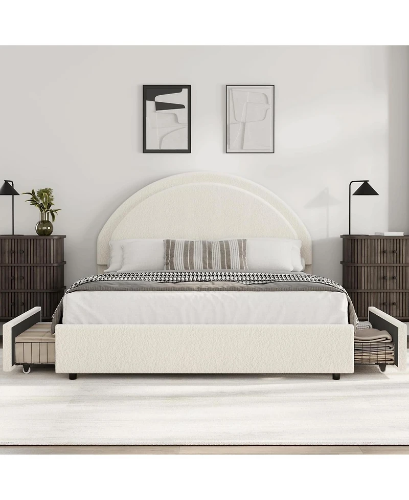gaomon Bed Frame Storage Drawers Upholstered Boucle Platform Round Headboard Heavy Duty Noise-Free No Box Sprin