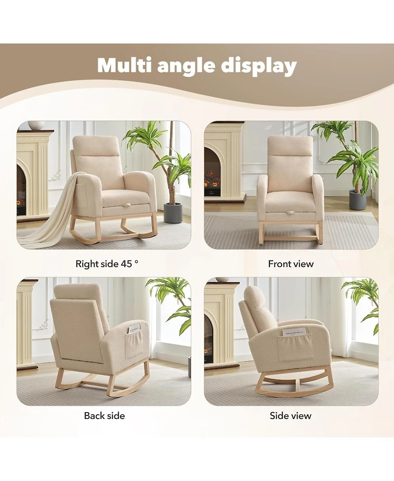 gaomon Wingback Rocking Accent Chair with Side Pockets and Wood Legs
