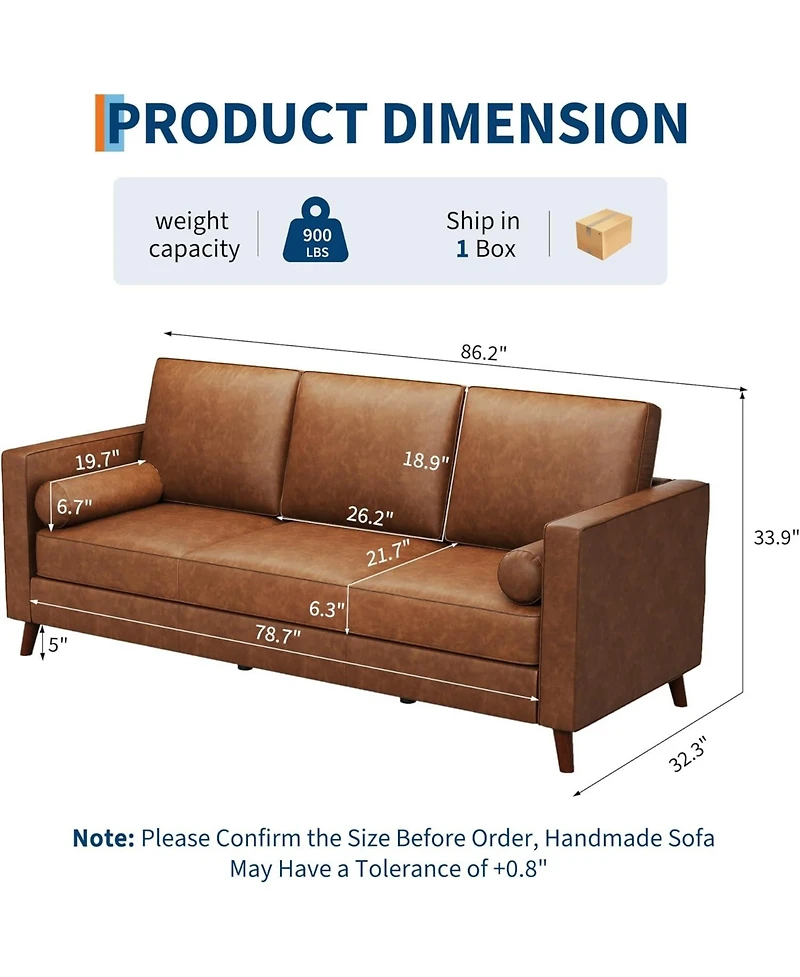 gaomon 81" Faux Leather Sofa, Mid-Century Modern 3-Seater Couch with Deep Seat and Removable Cover