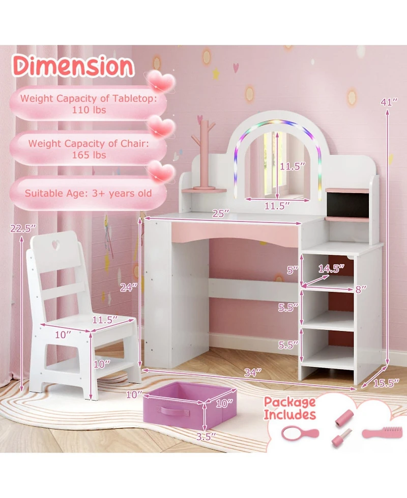 Gouun Kids Vanity Set with Led Lights and Makeup Dressing Table with Chair