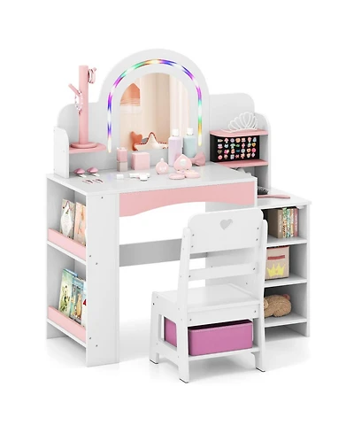 Gouun Kids Vanity Set with Led Lights and Makeup Dressing Table with Chair