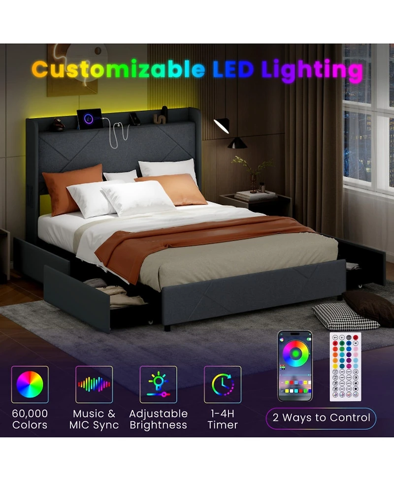 Gouun Queen Metal and Wood Bed Frame with Led Lights and Charging Station