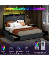 Gouun Queen Metal and Wood Bed Frame with Led Lights and Charging Station