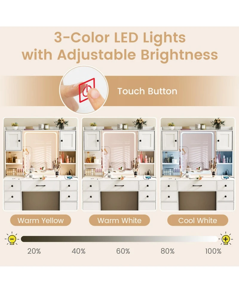 Gouun Makeup Vanity Desk with Led Lighted Mirror and Built-In Charging Station