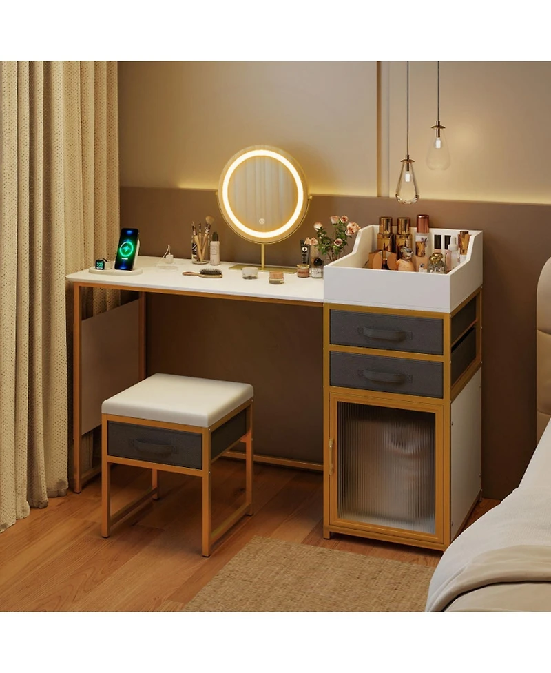 Gouun 55 in Vanity Desk with Rotatable Lighted Mirror and Fabric Drawers