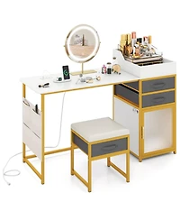 Gouun 55 in Vanity Desk with Rotatable Lighted Mirror and Fabric Drawers