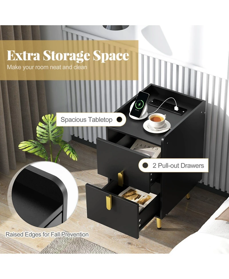 Gouun Nightstand with 2 Drawers and Usb Charging Ports