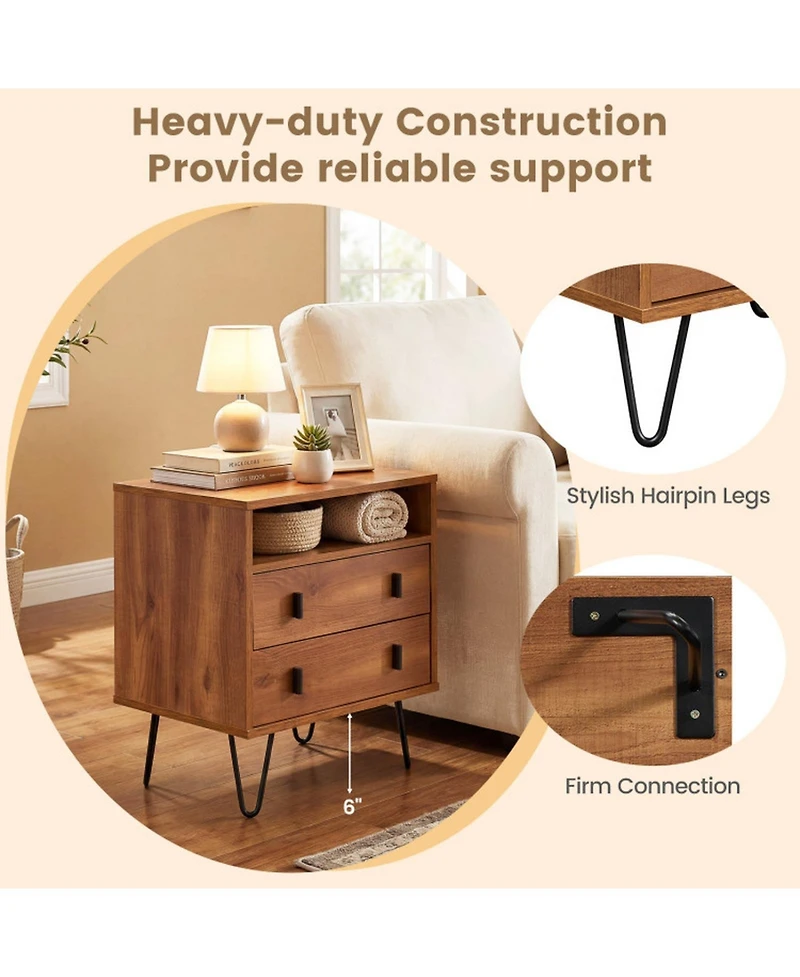 Gouun Mid-Century Modern 2-Drawer Nightstand with Open Storage Compartment