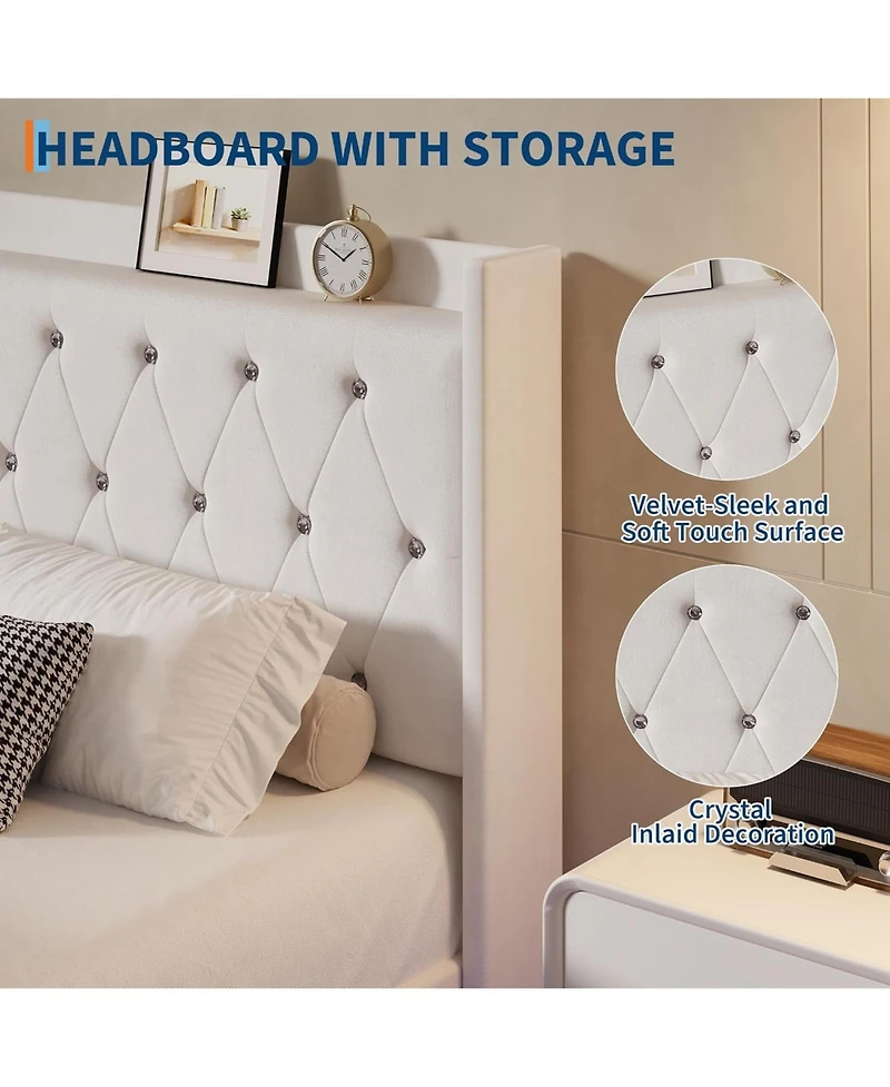 gaomon Floating Bed Frame Led Lights Velvet Upholstered Platform Storage Headboard No Box Spring Noise-Free