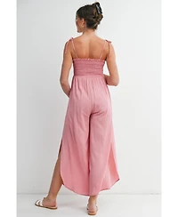 Hello Miz Maternity Smocked Wide-Leg Jumpsuit with Tie Shoulders and Side Slit