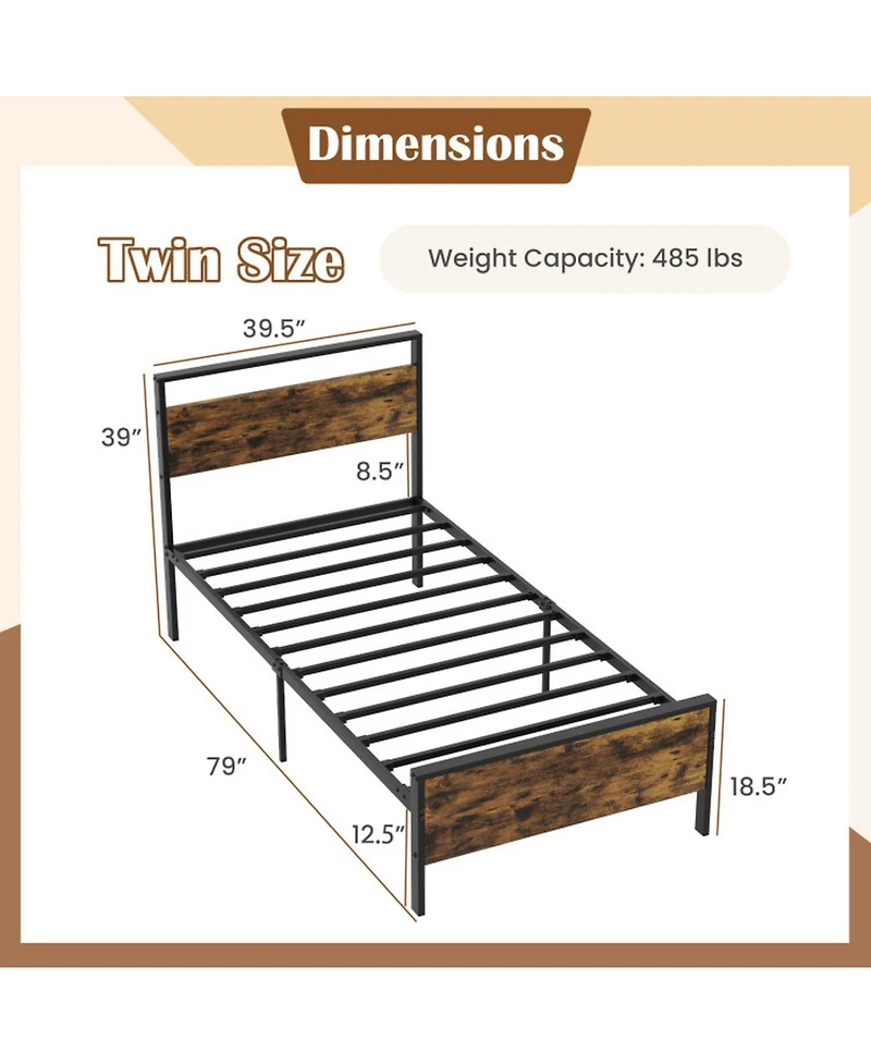Gouun Twin Metal and Wood Platform Bed Frame with Headboard and Industrial Design