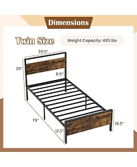 Gouun Twin Metal and Wood Platform Bed Frame with Headboard and Industrial Design