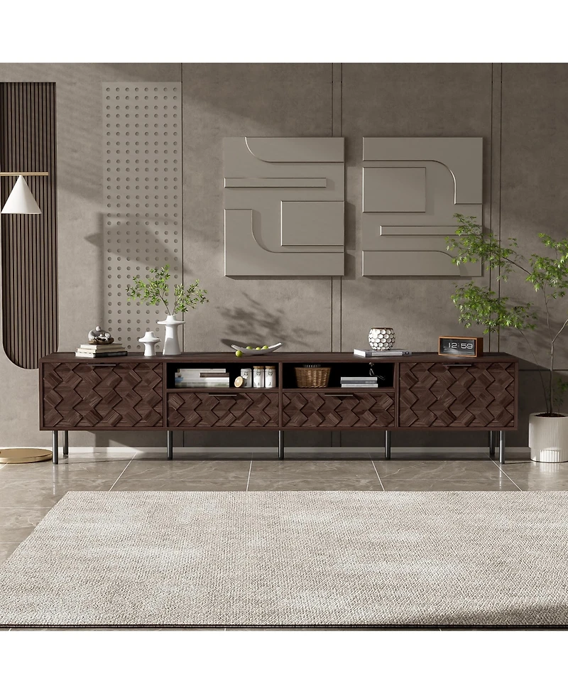 Rainsken 78" Modern Tv Stand for TVs , Entertainment Center with Storage Cabinets, 2 Drawers and Open Shelves, Media Console for Living Room