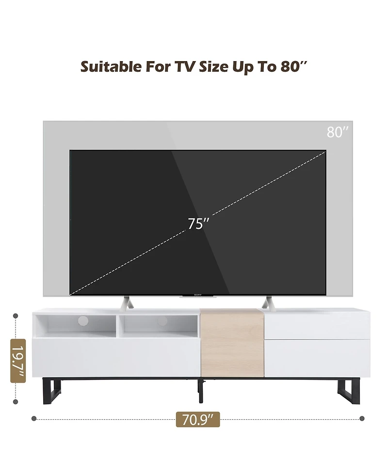 Rainsken Modern Wooden Media Console for 80 Inch Tvs, Entertainment Center with Dual Storage and Drop Down Door, TV Stand for Living Room