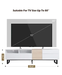 Rainsken Modern Wooden Media Console for 80 Inch Tvs, Entertainment Center with Dual Storage and Drop Down Door, TV Stand for Living Room