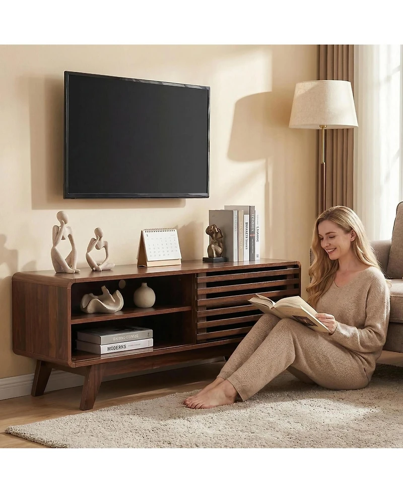 Rainsken Tv Stand with Slatted Sliding Door, Mid Century Modern Media Console Table for 50 Inch Tv, Entertainment Center for Living Room