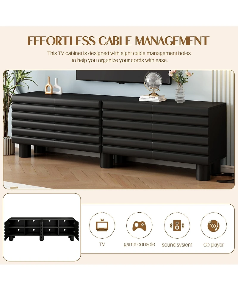 Rainsken Modern Wavy Door Media Console for 75-Inch TVs, Sleek Entertainment Center with 4 Storage Cabinets and Adjustable Shelves for Living Room