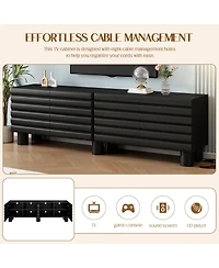 Rainsken Modern Wavy Door Media Console for 75-Inch TVs, Sleek Entertainment Center with 4 Storage Cabinets and Adjustable Shelves for Living Room